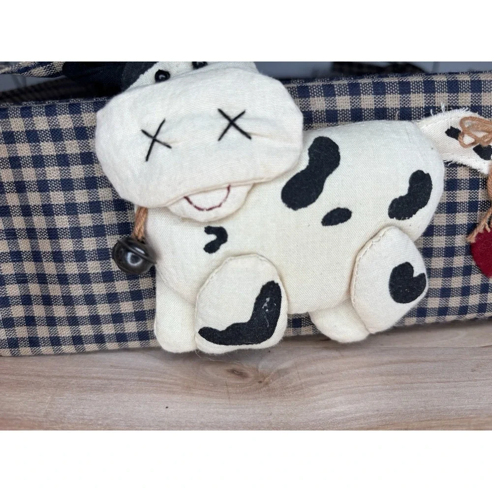 Country Style Fabric Basket w/ a Cute Plush Cow Granny Core, Cottage Core